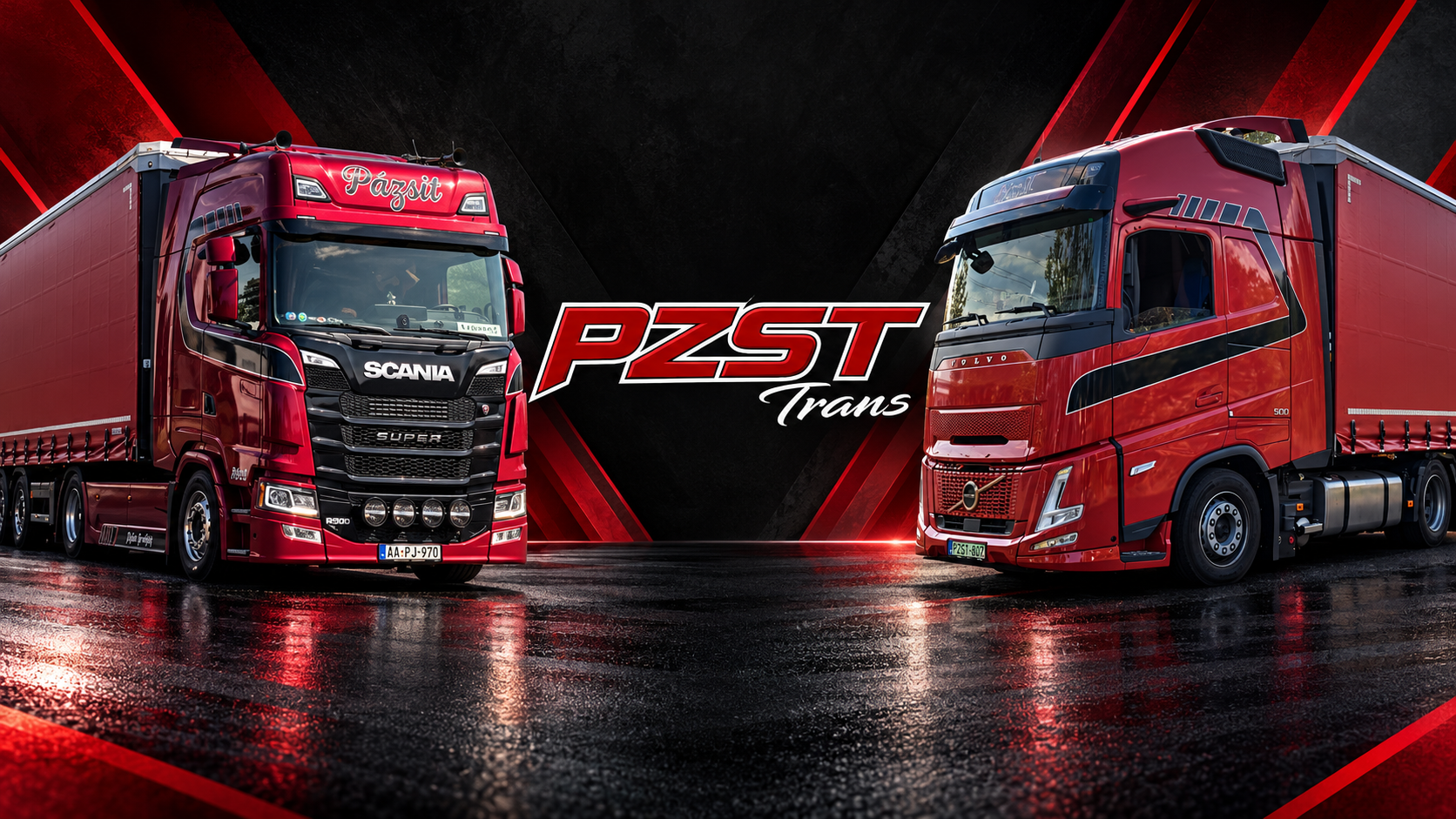 Piros Scania balra, Volvo jobbra, középen a PZST Trans logó, fekete háttéren